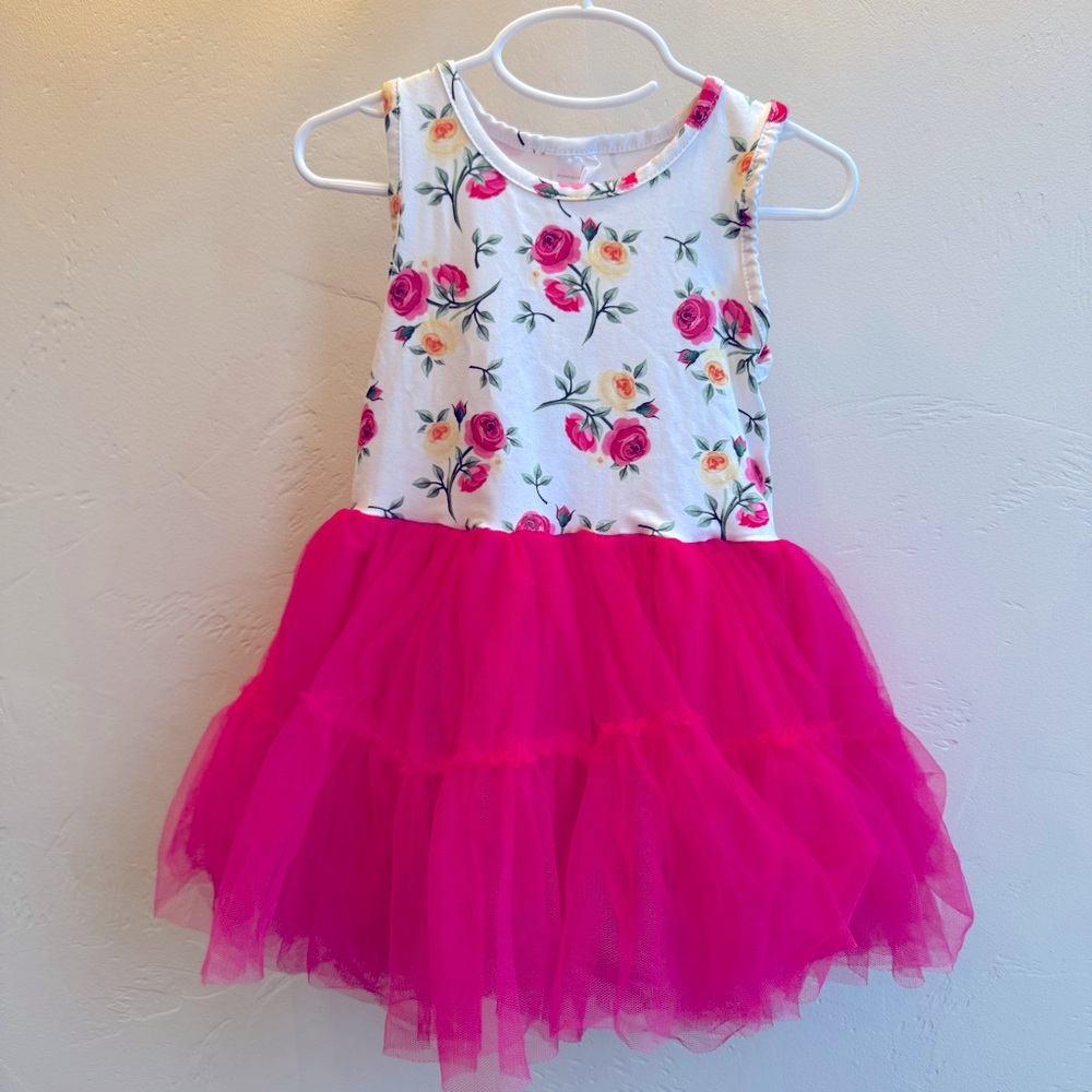 Girls Tulle tank dress, pink yellow white with Belle vibes, 3T